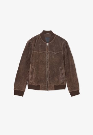 Jachetă bomber din suede maro, cu fermoar frontal, guler, manșete, talie și două buzunare laterale din material côtelé.