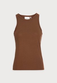 Débardeur marron ajusté sans manches avec encolure ronde, en tissu doux, présenté à plat sur un fond blanc.