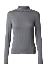 Grijze langemouwen turtleneck van een gladde, rekbare stof met een aangesloten ontwerp en minimale naden. Hoge hals met een zachte drape.