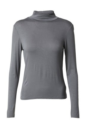 Grijze langemouwen turtleneck van een gladde, rekbare stof met een aangesloten ontwerp en minimale naden. Hoge hals met een zachte drape.