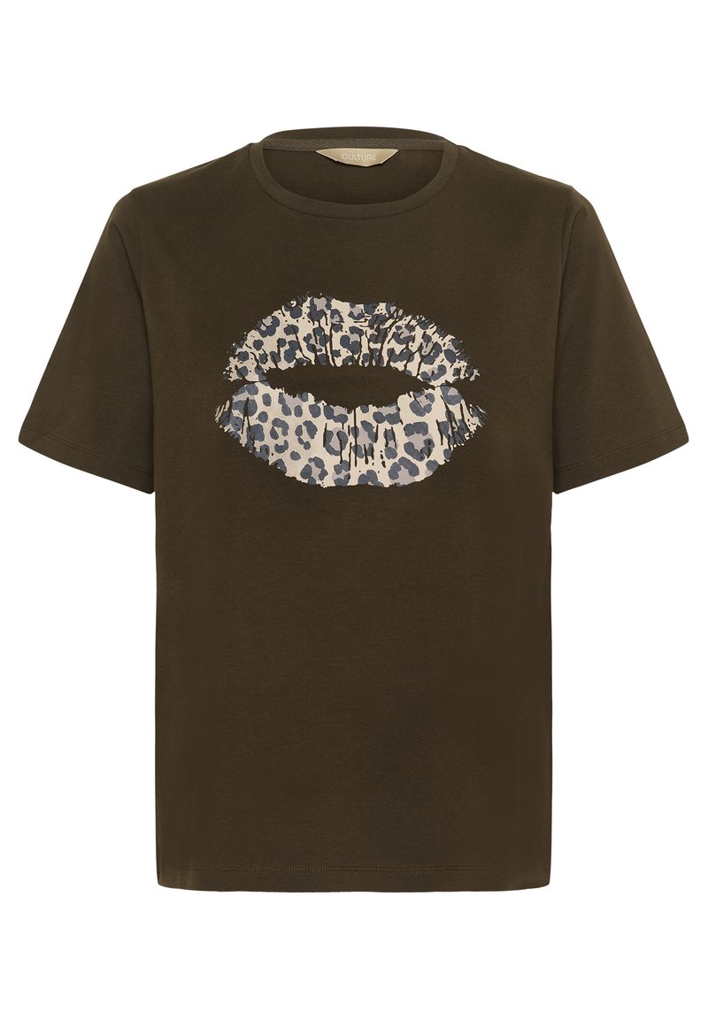 Olivově zelené bavlněné tričko s velkým grafikou leopardích rtů v černé a béžové barvě. Krátké rukávy a kulatý výstřih.