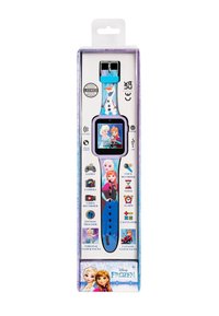 Orologio digitale blu con personaggi di Frozen, dotato di schermo quadrato, cinturino in silicone, icone per varie funzionalità e porta USB.
