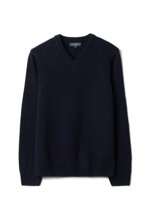 Jersey de punto azul oscuro con mangas largas y cuello en V, colocado plano sobre un fondo blanco.