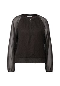 Schwarze Bluse mit einem strukturierten Leopardenprint, transparenter langen Ärmeln, einem runden Ausschnitt und einem Reißverschlussdetail vorne mit einem runden Zuggriff.