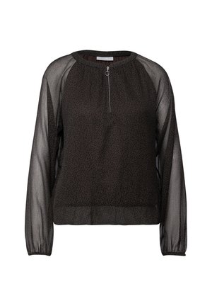 Schwarze Bluse mit einem strukturierten Leopardenprint, transparenter langen Ärmeln, einem runden Ausschnitt und einem Reißverschlussdetail vorne mit einem runden Zuggriff.
