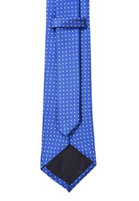 Cravatta blu con pois bianchi, motivo a righe testurizzato, punta stretta e sottopunto in raso nero. Linee pulite e design classico.