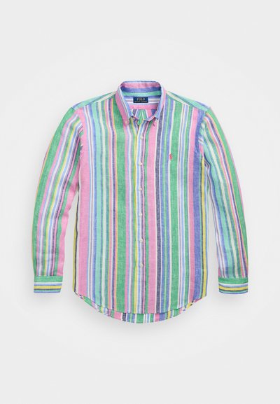 Μακρυμάνικη μπλούζα με πολύχρωμες ρίγες σε ροζ, πράσινο, μπλε και κίτρινο χρώμα. Κωδικός με κουμπιά και στρογγυλή κόψη. Λογότυπο Polo.