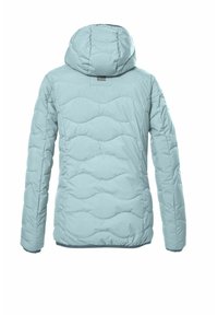 Hellblauer Puffer-Jacke mit Kapuze, die ein gestepptes Muster und lange Ärmel aufweist. Das Material scheint glatt und isoliert zu sein.