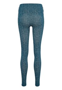 Teal leggings tillverkade av elastisk tyg, med ett vertikalt mönster av vita linjer, hög midja och en figurnära design.
