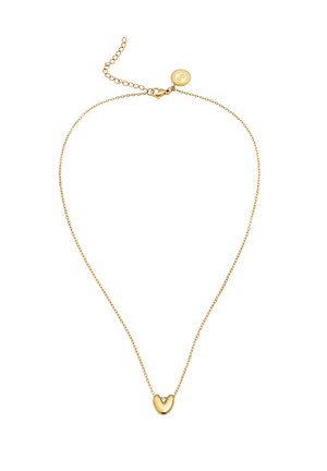 Delicate gouden ketting met een klein, glad hartvormig hangertje en een verstelbare sluiting met een ronde, gebrande tag.