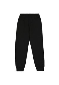 Zwarte joggingsbroek van zachte stof, met een elastische tailleband, boorden bij de enkels en een eenvoudig, minimalistisch ontwerp.
