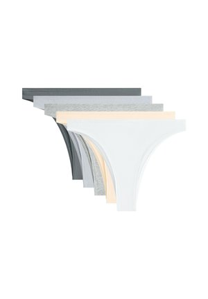 Cinq paires de strings sans coutures pour femmes en blanc, beige, gris clair, gris moyen et gris foncé, disposées en rangée empilée.