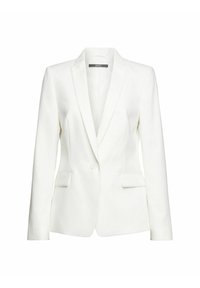 Biała dopasowana marynarka damska z zapięciem na pojedynczy guzik, z wyłogami i klapami kieszeni po obu stronach.