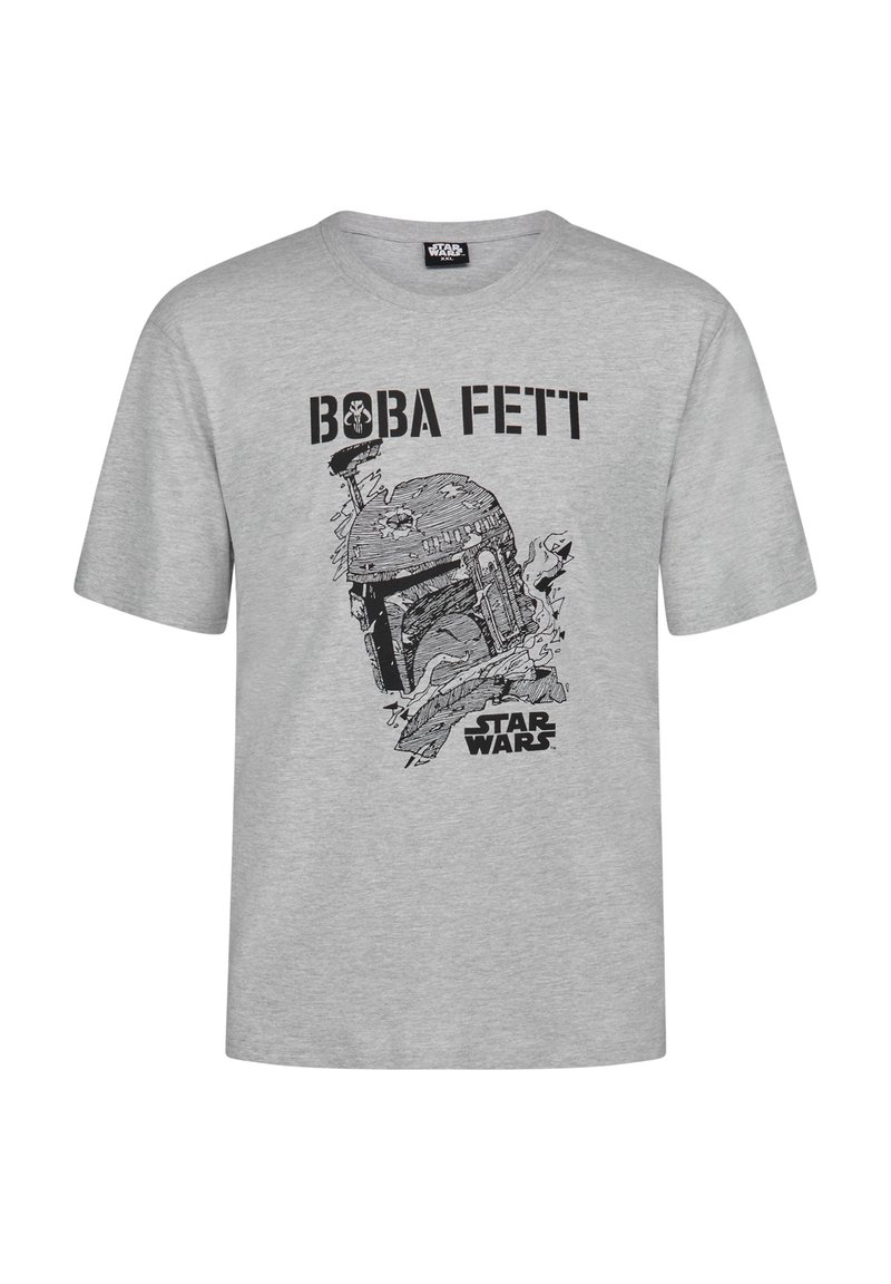 Grijze katoenen t-shirt met een geprinte zwarte illustratie van Boba Fett en de tekst "STAR WARS" eronder. Korte mouwen en een ronde hals.