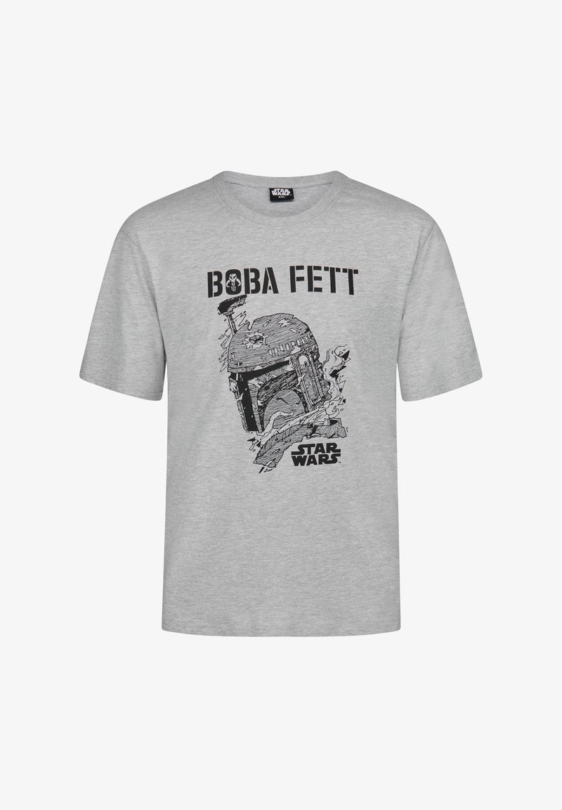 Camiseta de algodón gris con una ilustración impresa en negro de Boba Fett y el texto "STAR WARS" debajo. Diseño de mangas cortas y cuello redondo.