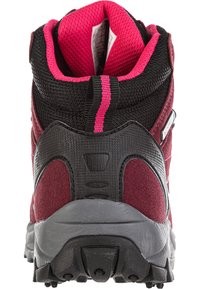 Maroon hiking boot with black mesh and rubber accents. Features a padded collar, pink stripe, textured back panel, and rugged sole.
