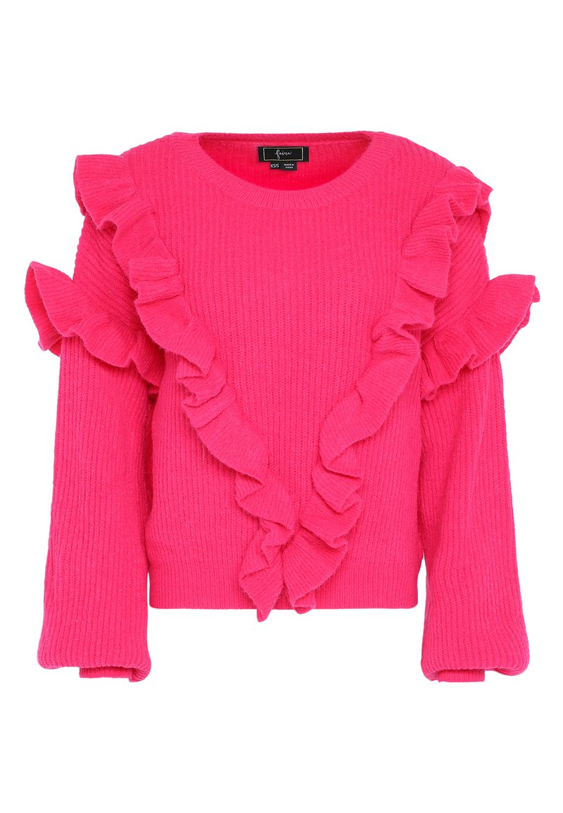 Maglione rosa acceso realizzato in tessuto ribbed con dettagli arricciati lungo le spalle e la parte anteriore. Presenta maniche lunghe e un collo rotondo.