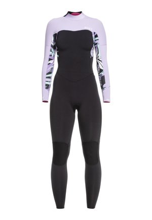 Black wetsuit with long purple sleeves featuring a tropical pattern. Material appears smooth; includes knee patches for durability.
