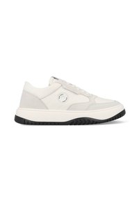 Zapatilla blanca que combina cuero liso y ante. Presenta un acento de logo redondo, cierre con cordones y una suela de goma negra con diseño de banda.