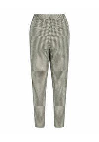 Pantalone s kariranim uzorkom, opuštenog kroja, elastičnim strukom i ravnim nogavicama. Sadrži mali mrežasti uzorak u crno-bijelim tonovima.