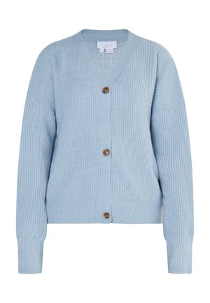 Hellblauer Cardigan aus strukturiertem Strick, mit tiefem V-Ausschnitt, langen Ärmeln und braunen Holzknöpfen auf der Vorderseite.