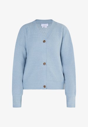 Jasnoniebieski kardigan wykonany z teksturowanego dzianiny, z głębokim dekoltem w kształcie litery V, długimi rękawami oraz brązowymi, drewnianymi guzikami z przodu.