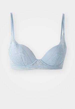 Light blue bra featuring lace and mesh detailing, underwire support, adjustable straps, and a smooth fabric texture.