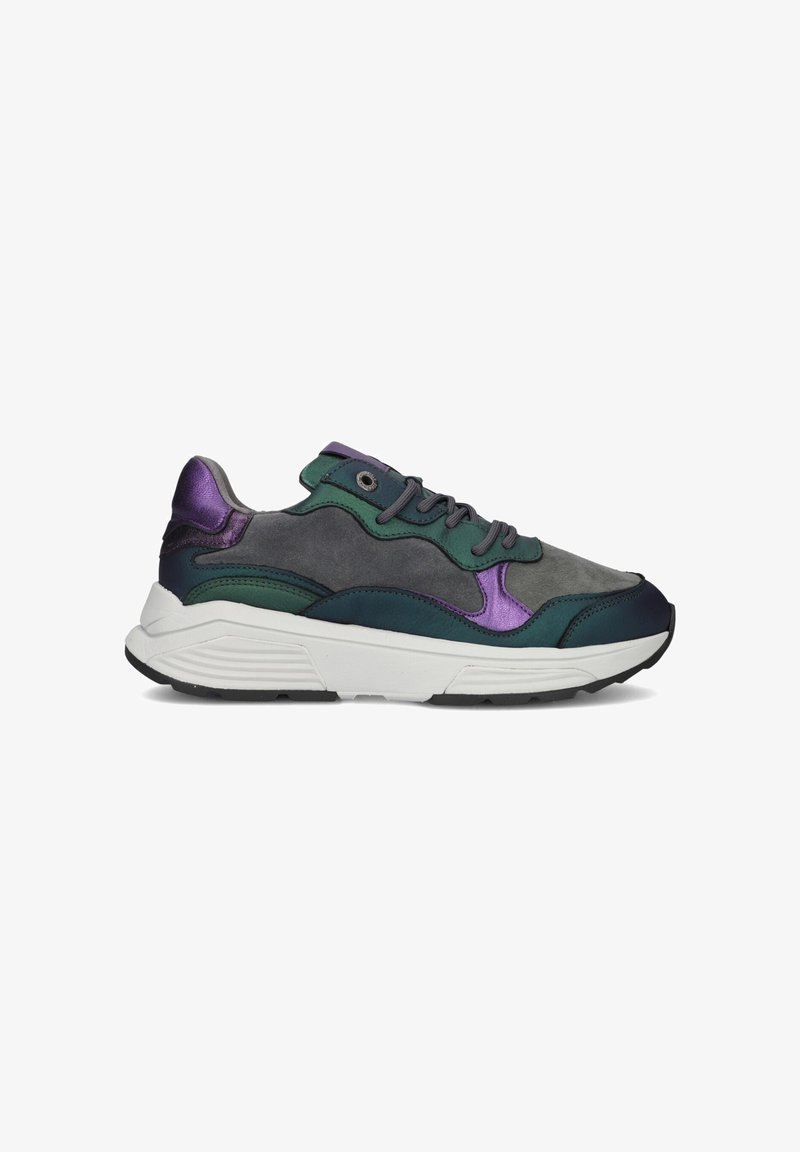 Sneakers in grijstinten, groen en paarse suede met een witte rubberen zool. Bevat contrasterende, textuurpanelen en veters.