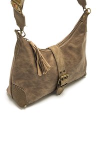 Braune Leder-Schultertasche mit strukturiertem Boden, Reißverschluss, dekorativen Quasten und verstellbarem Tragegurt mit gemusterten Akzenten.