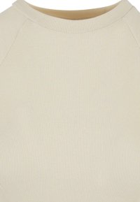 Ribbed cream top featuring a crew neckline and raglan sleeves, made from a soft, stretchable fabric for comfort and ease of movement.