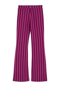 Lilla triibulised laiad püksid, mis on valmistatud pehmest kangast, sisaldavad vertikaalseid triibusid erinevates lilla toonides ja neil on elastne vöökoht.