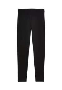 Leggings noirs en tissu extensible, avec une texture lisse et une coupe ajustée, dotés d'une taille élastique et sans coutures visibles.