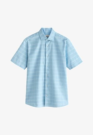 Camicia azzurra chiaro a maniche corte con bottoni, motivo a quadretti bianchi e colletto appuntito.