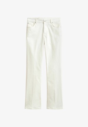 Witte rechte jeans met knopen en rits aan de voorkant, riemlussen en klassiek ontwerp met vijf zakken.