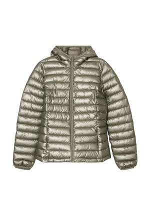 Puffjacke in metallisch olivgrün, mit Reißverschluss vorne, Kapuze und gestepptem Design mit horizontalen Steppnähten. Glatte, glänzende Textur.