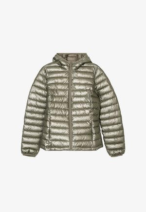 Puffjacke in metallisch olivgrün, mit Reißverschluss vorne, Kapuze und gestepptem Design mit horizontalen Steppnähten. Glatte, glänzende Textur.