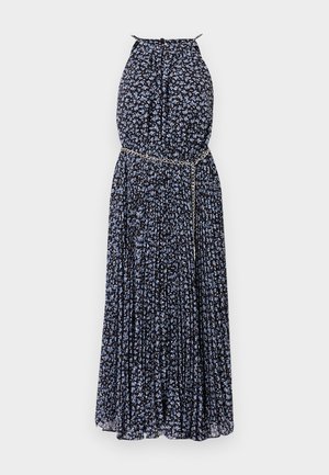 Maxi dress in black fabric with blue floral pattern, pleated design, halter neck, and a metallic chain accent at the waist.