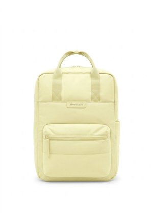 Rechteckiger, hellgelber Rucksack mit zwei Tragegriffen, einer vorderen Reißverschlusstasche und einem "Kapten & Son"-Label auf der oberen Vorderseite.