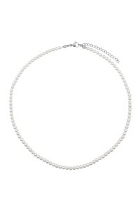 Collier en perles blanches avec des perles rondes, maintenu par un fermoir en argent en forme de homard et une chaîne ajustable. Texture lisse avec un design classique.