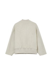 Sweatshirt surdimensionné gris clair avec un col rond, des épaules abaissées et des poignets côtelés. Texture douce avec une coupe légèrement ample à l'ourlet.