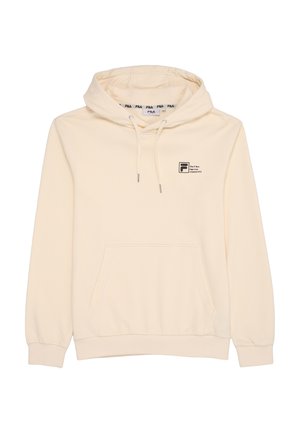 Beżowa bluza z kapturem, kieszenią z przodu, kapturem ze sznurkiem i małym czarnym tekstem logo na lewej piersi z napisem „The F-Box logo was created 1973.”