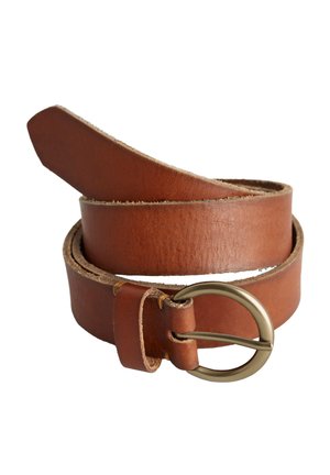 Brown leather belt with a smooth texture, a circular metal buckle, and a single loop. The end is tapered for a streamlined look.