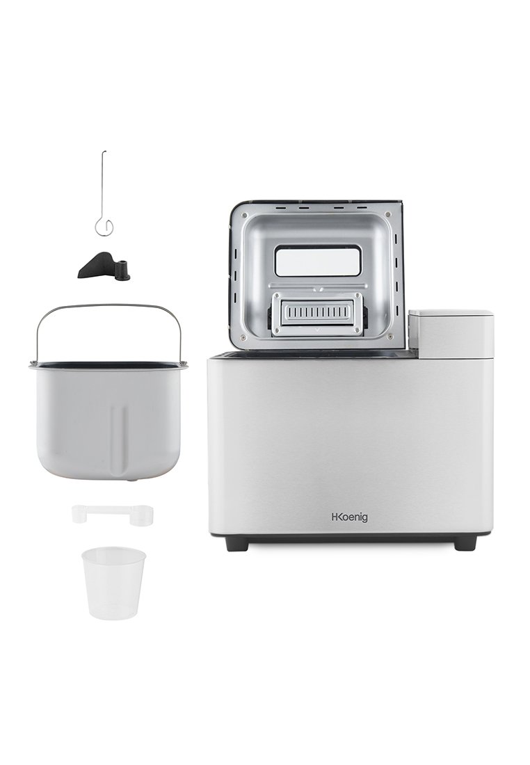 Zilveren broodmachine met een rechthoekige vorm, metalen behuizing, doorzichtige container, haak, maatbeker en lepel inbegrepen.