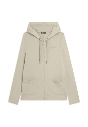 Sweat à capuche zippé beige clair avec capuche, cordons de serrage, deux poches avant et petit logo "FREDDY" sur la poitrine gauche.