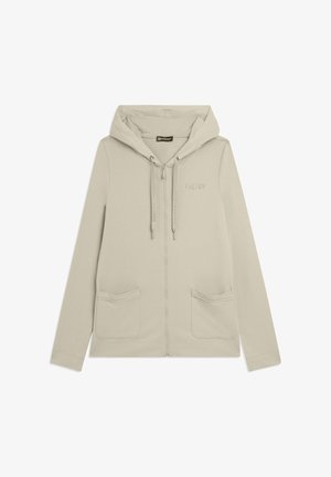 Felpa leggera color beige chiaro con zip, cappuccio, cordini, due tasche frontali e piccolo logo "FREDDY" sul lato sinistro del petto.