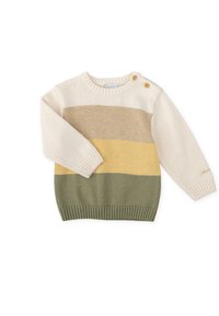 Suéter de punto con rayas horizontales en crema, beige, amarillo y verde. Presenta un cuello y puños acanalados, con detalles de botones en el hombro.