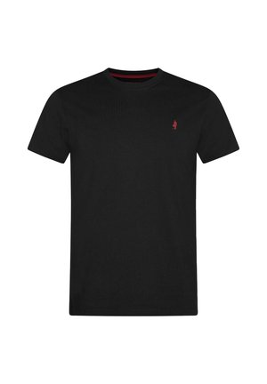 Must kanditud t-särk lühikeste varrukatega, ümmargune kaelus ja väike punane logo vasakul rindkerel. Sile tekstuur, klassikaline lõige.