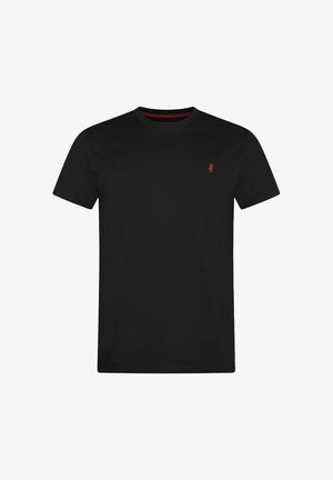 Must kanditud t-särk lühikeste varrukatega, ümmargune kaelus ja väike punane logo vasakul rindkerel. Sile tekstuur, klassikaline lõige.