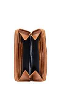 Tan leather wallet with a zip closure, featuring two compartments and four card slots; lined with dark fabric for contrast.