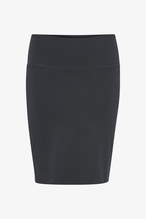 Black knee-length skirt with a fitted design, made from stretchy material, featuring a wide waistband for comfort and a smooth texture.